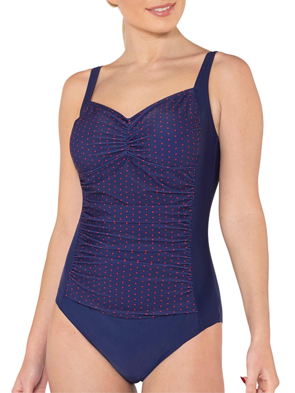 Navy & Red Polka Dot Ruched Front Swimsuit Front Closeup